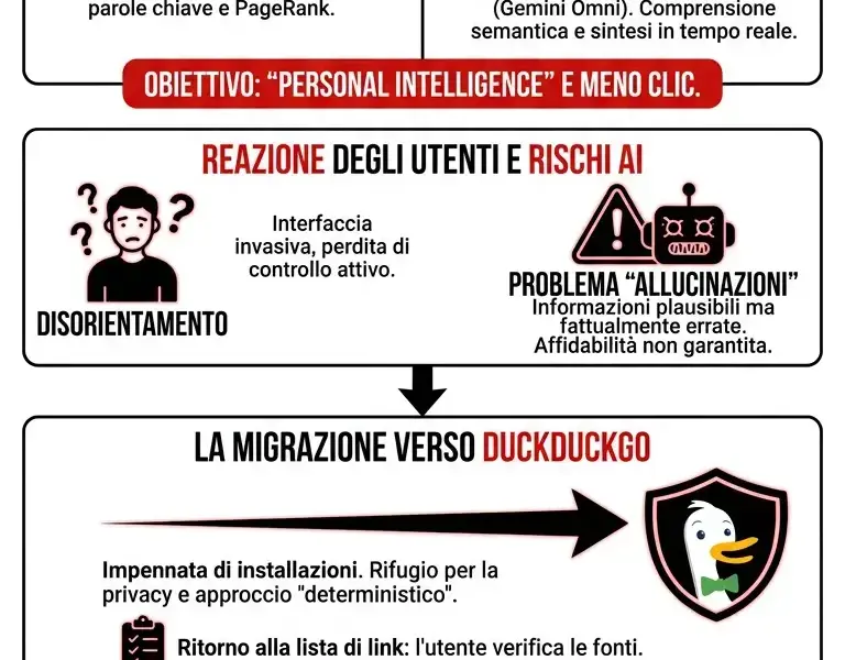 Infografica: Integrazione LLM in Google Search e crescita di DuckDuckGo
