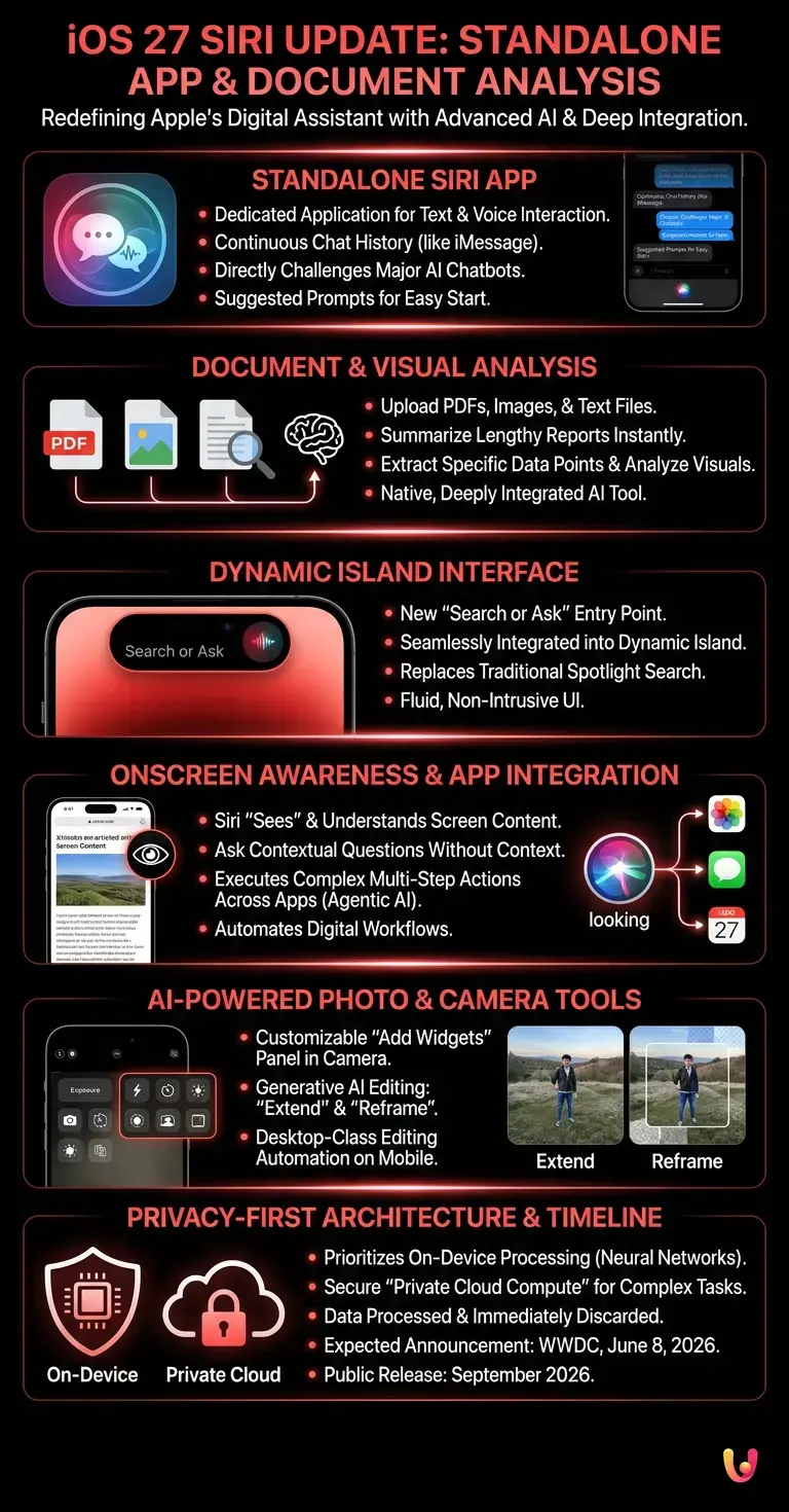 iOS 27 Siri Update Adds Standalone App and Document Analysis - Summary Infographic