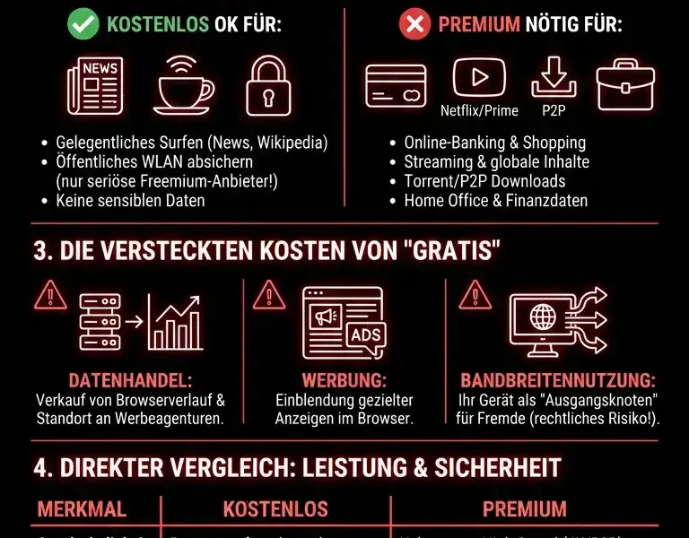 Infografica: Kostenlose vs. kostenpflichtige VPNs: Versteckte Risiken und wann sich die Zahlung lohnt