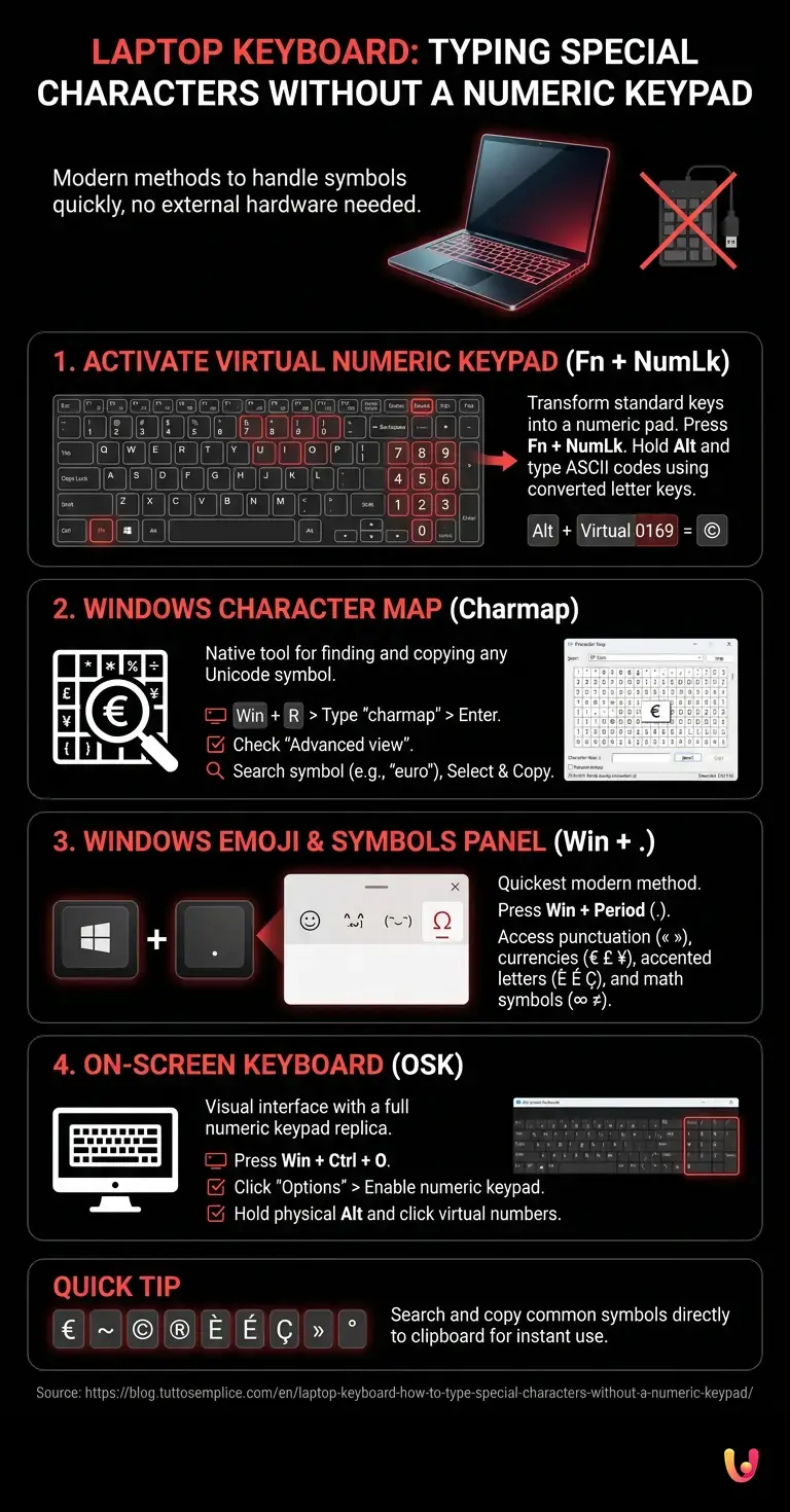 Laptop keyboard: how to type special characters without a numeric keypad - Summary Infographic