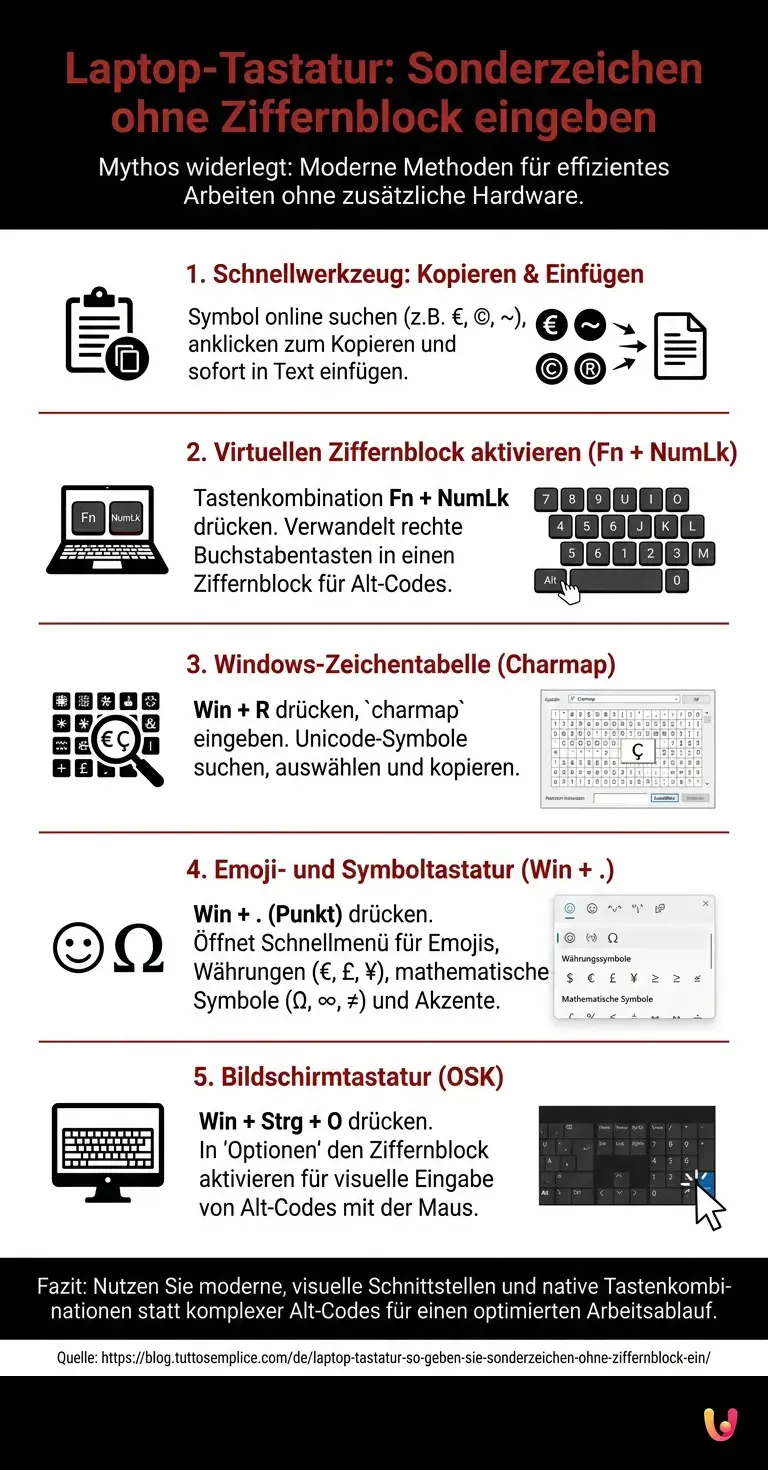 Laptop-Tastatur: So geben Sie Sonderzeichen ohne Ziffernblock ein - Zusammenfassende Infografik