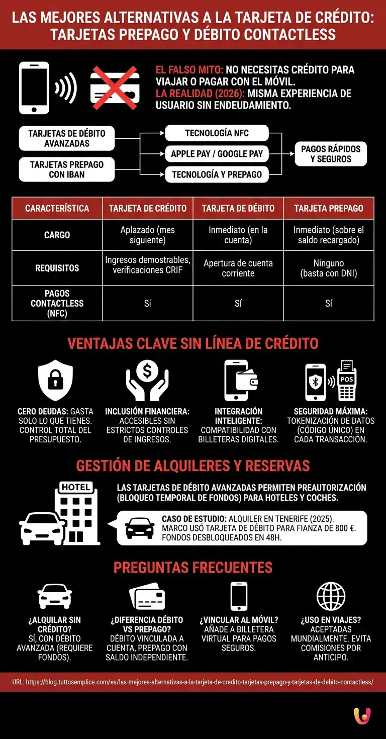 Las mejores alternativas a la tarjeta de cr&eacute;dito: tarjetas prepago y tarjetas de d&eacute;bito contactless. - Infograf&iacute;a resumen