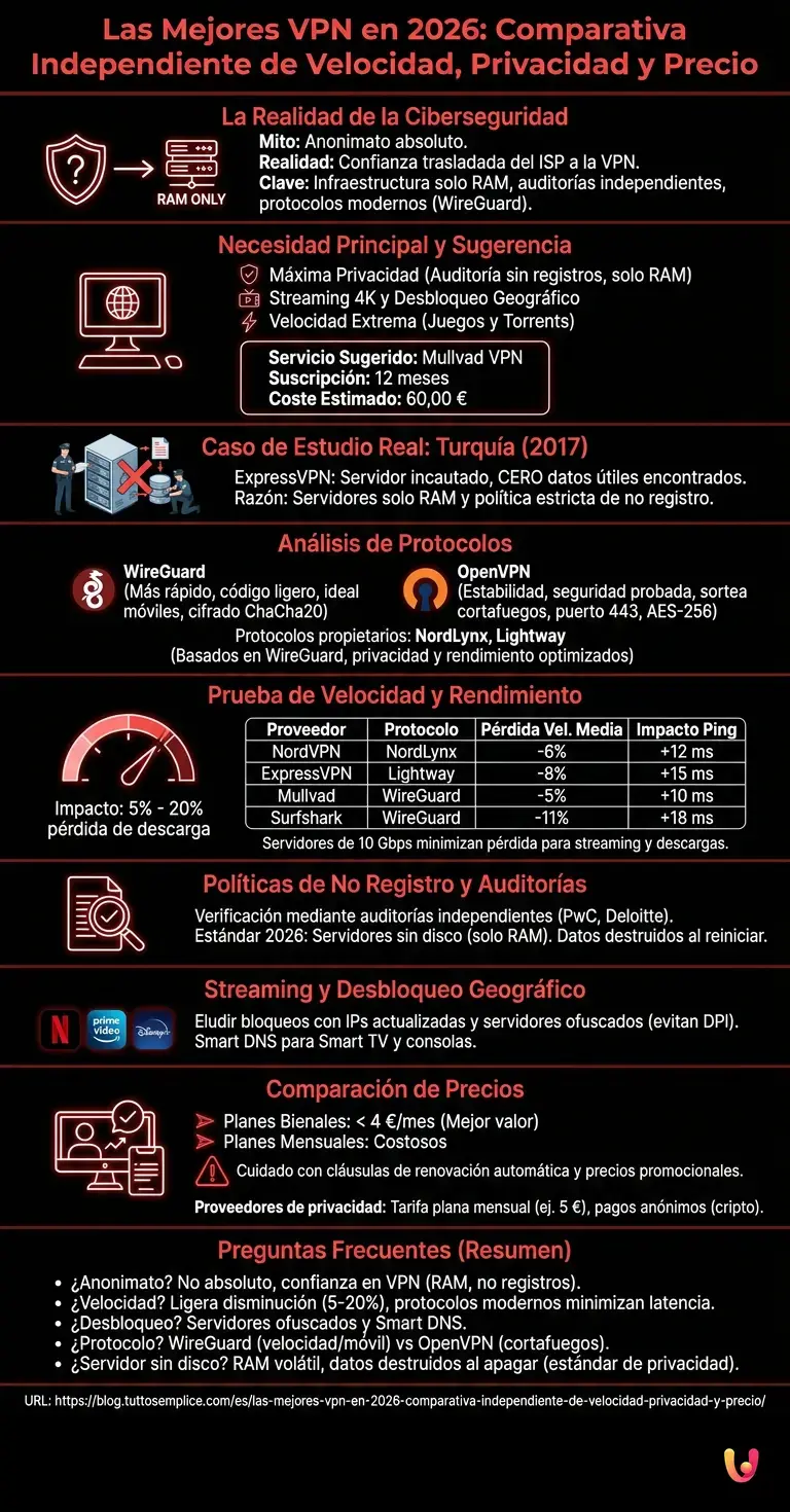 Las Mejores VPN en 2026: Comparativa Independiente de Velocidad, Privacidad y Precio - Infograf&iacute;a resumen