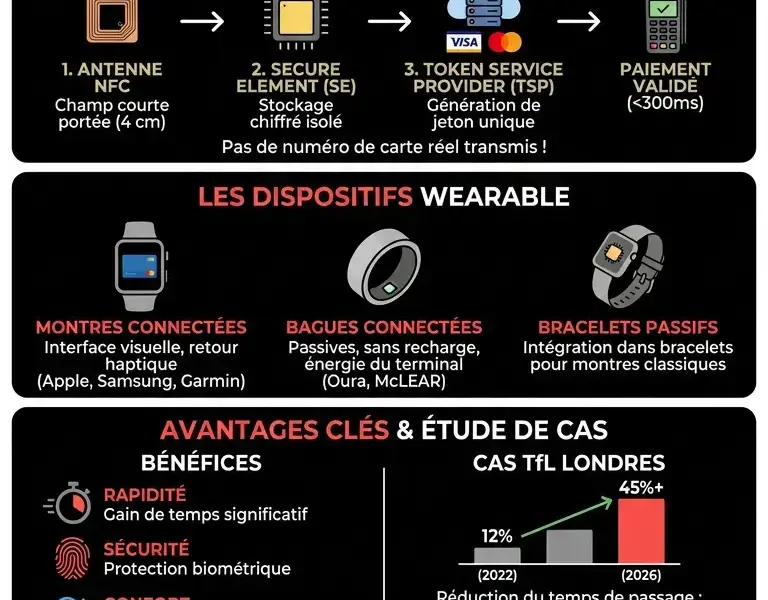 Infografica: L'avenir du sans contact : montres connect&eacute;es, bagues connect&eacute;es et objets connect&eacute;s.