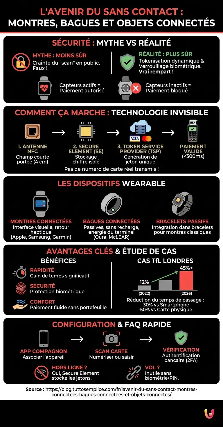 L'avenir du sans contact : montres connect&eacute;es, bagues connect&eacute;es et objets connect&eacute;s. - Infographie r&eacute;sumant