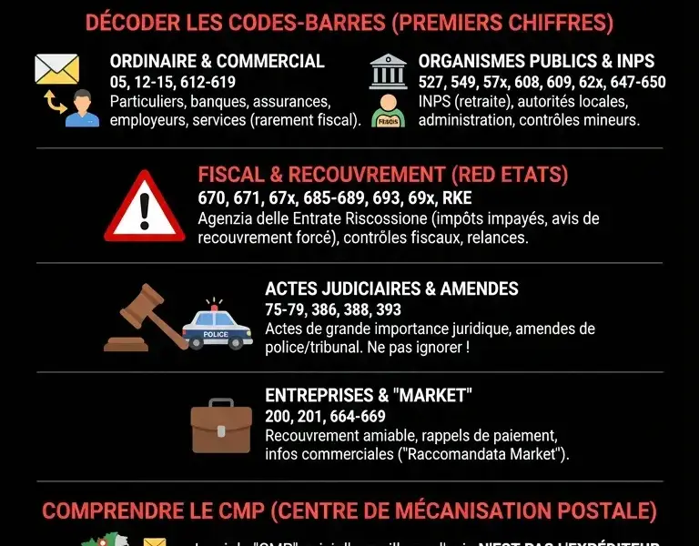 Infografica: Le guide ultime du courrier recommand&eacute; en Italie : codes, exp&eacute;diteurs, mise en instance et valeur juridique