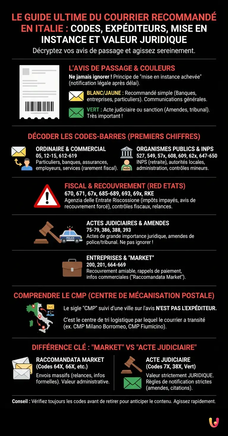 Le guide ultime du courrier recommand&eacute; en Italie : codes, exp&eacute;diteurs, mise en instance et valeur juridique - Infographie r&eacute;sumant