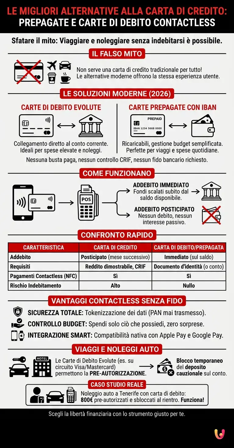 Le migliori alternative alla carta di credito: prepagate e carte di debito contactless - Infografica riassuntiva