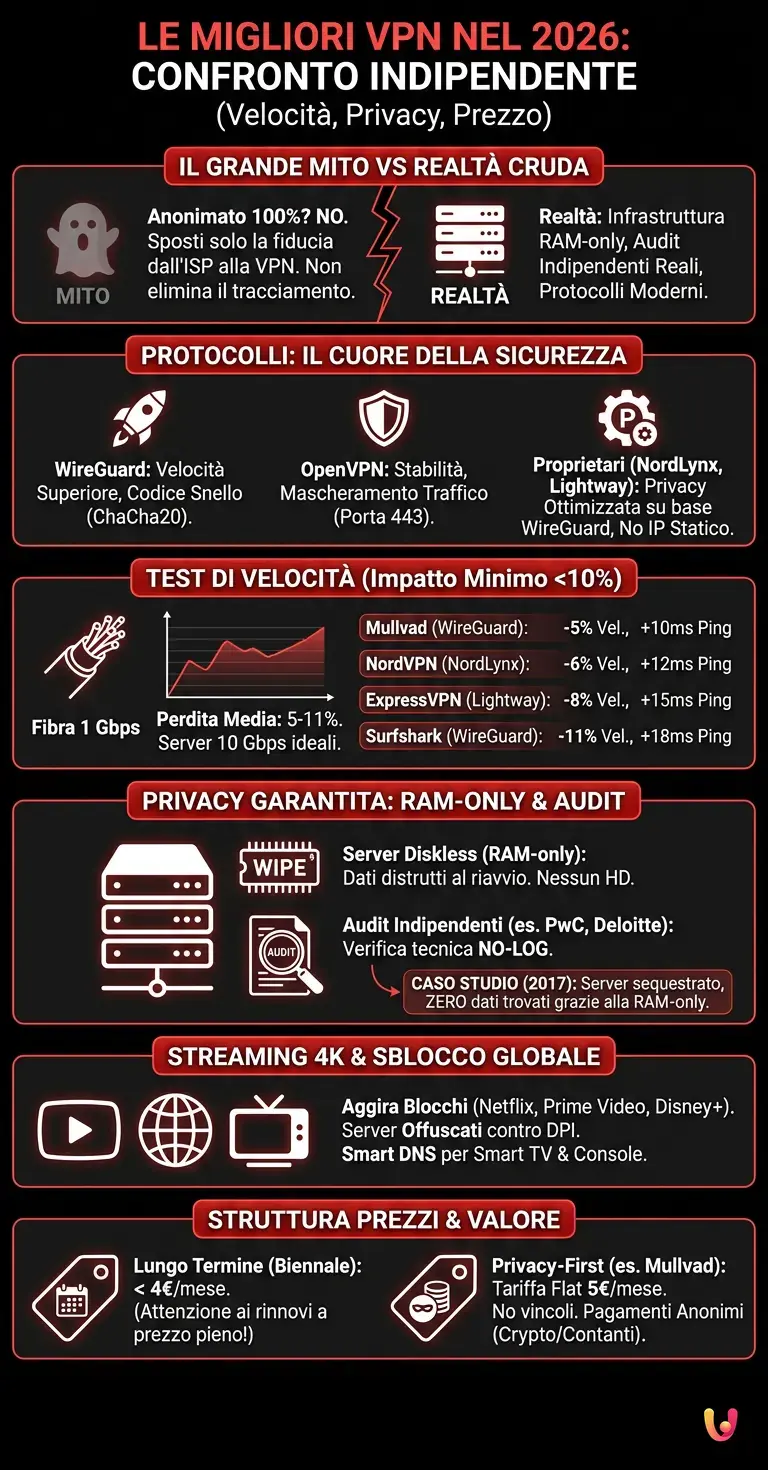 Le Migliori VPN nel 2026: Confronto Indipendente per Velocit&agrave;, Privacy e Prezzo - Infografica riassuntiva