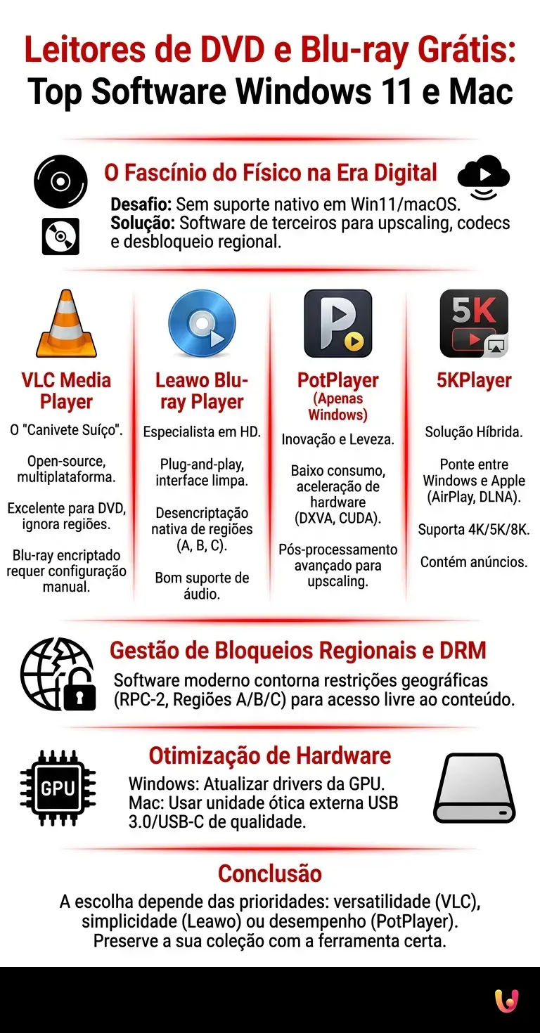 Leitores de DVD e Blu-ray Gr&aacute;tis: Top Software Windows 11 e Mac - Infogr&aacute;fico resumido