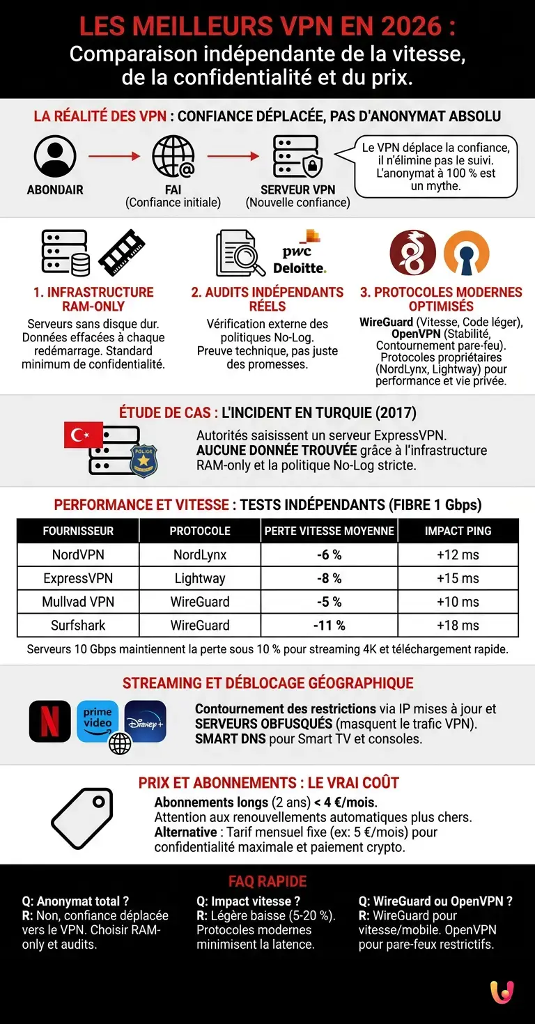 Les meilleurs VPN en 2026 : Comparaison ind&eacute;pendante de la vitesse, de la confidentialit&eacute; et du prix. - Infographie r&eacute;sumant
