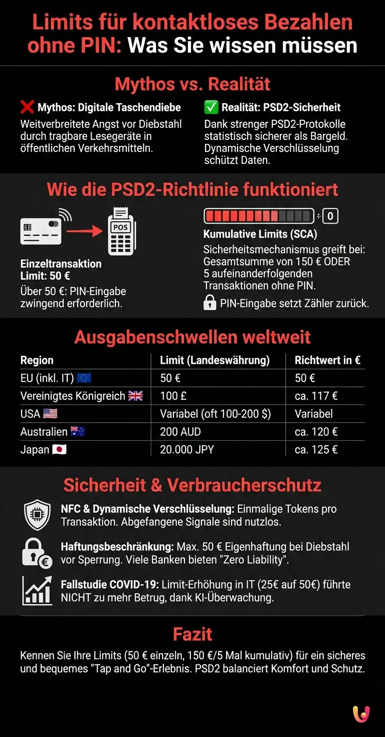 Limits f&uuml;r kontaktloses Bezahlen ohne PIN: Was Sie wissen m&uuml;ssen - Zusammenfassende Infografik