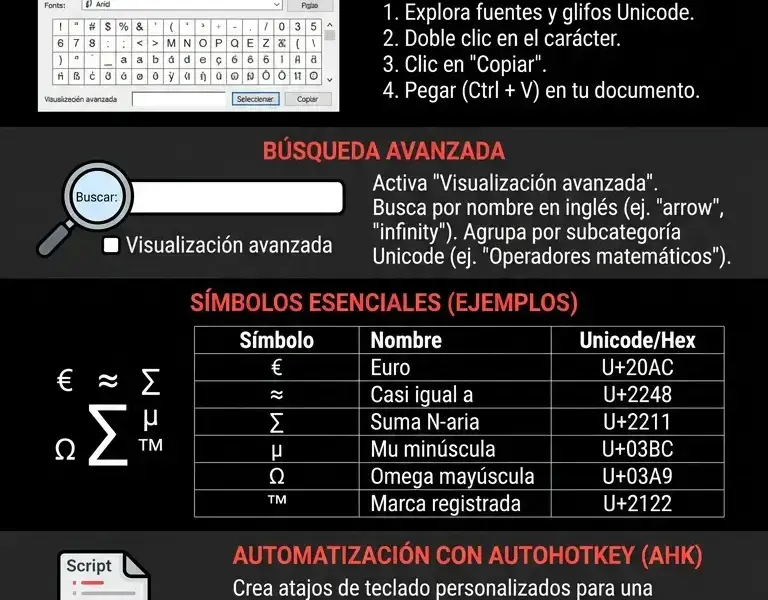 Infografica: Mapa de caracteres de Windows: gu&iacute;a completa de charmap y automatizaci&oacute;n