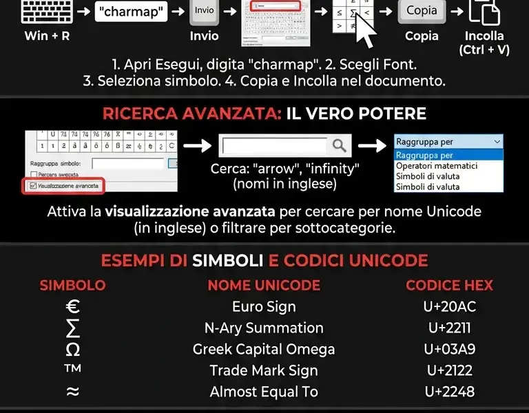 Infografica: Mappa dei caratteri Windows: guida completa a charmap e automazione