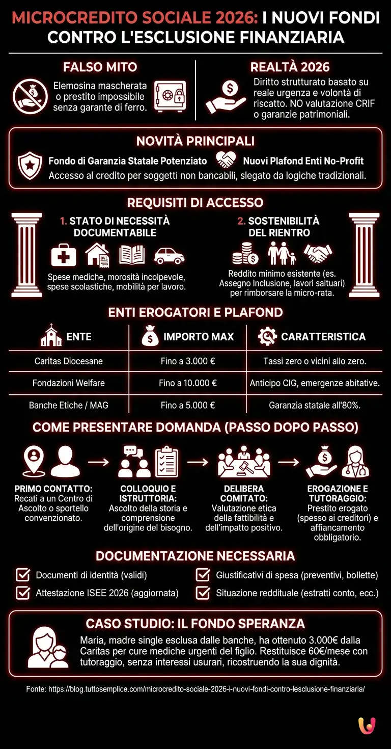 Microcredito sociale 2026: i nuovi fondi contro l'esclusione finanziaria - Infografica riassuntiva