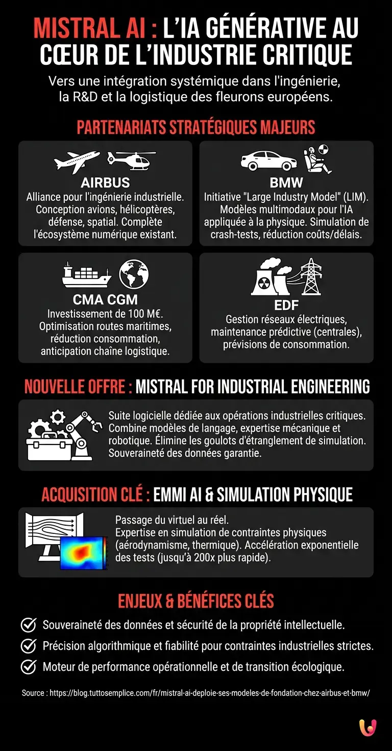 Mistral AI d&eacute;ploie ses mod&egrave;les de fondation chez Airbus et BMW - Infographie r&eacute;sumant