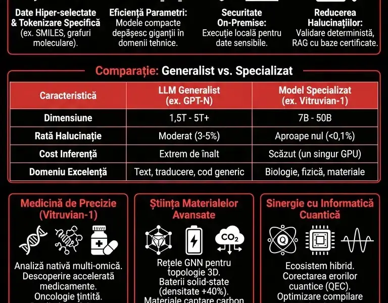 Infografica: Modele IA Specializate: Ghid pentru Medicină, Materiale și Cuantă