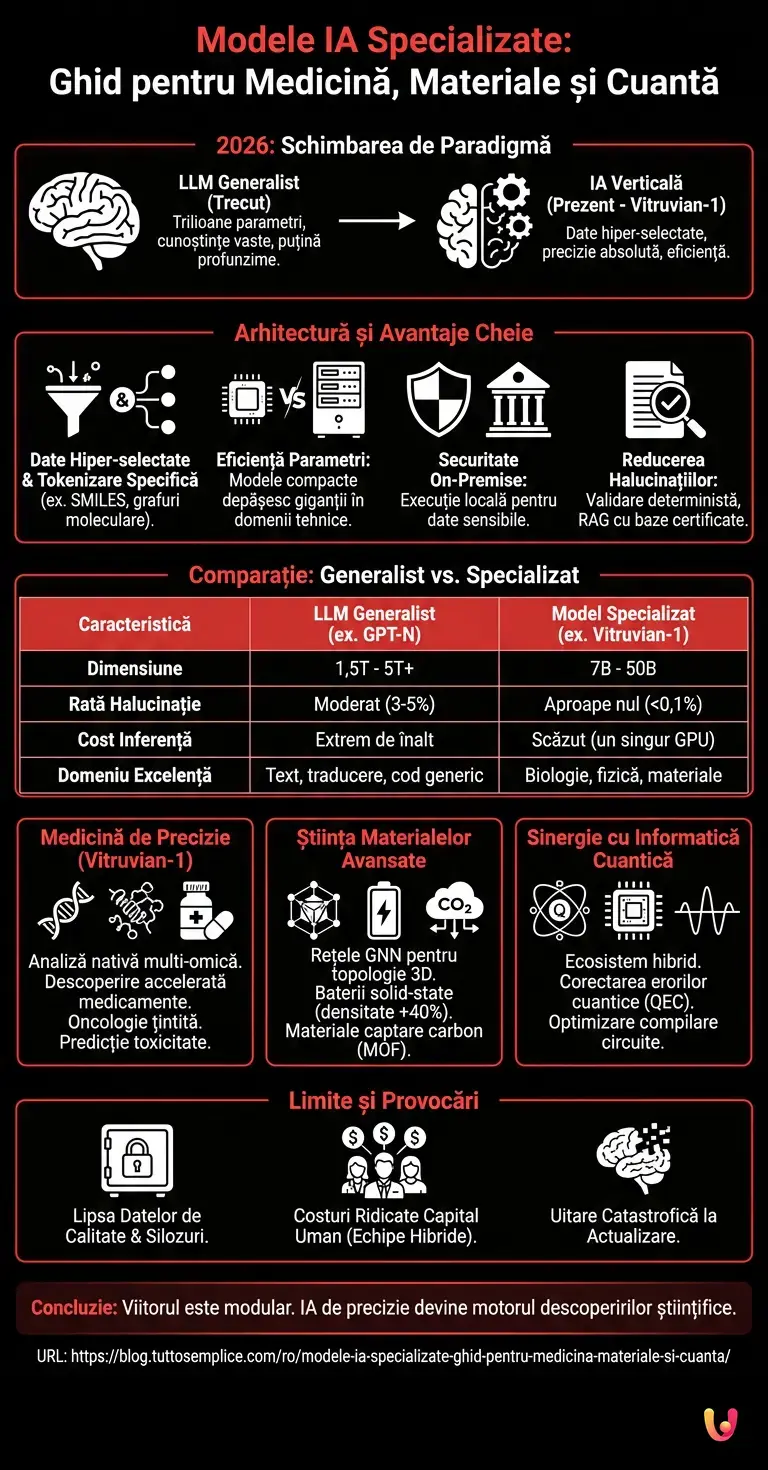 Modele IA Specializate: Ghid pentru Medicină, Materiale și Cuantă - Infografic rezumativ