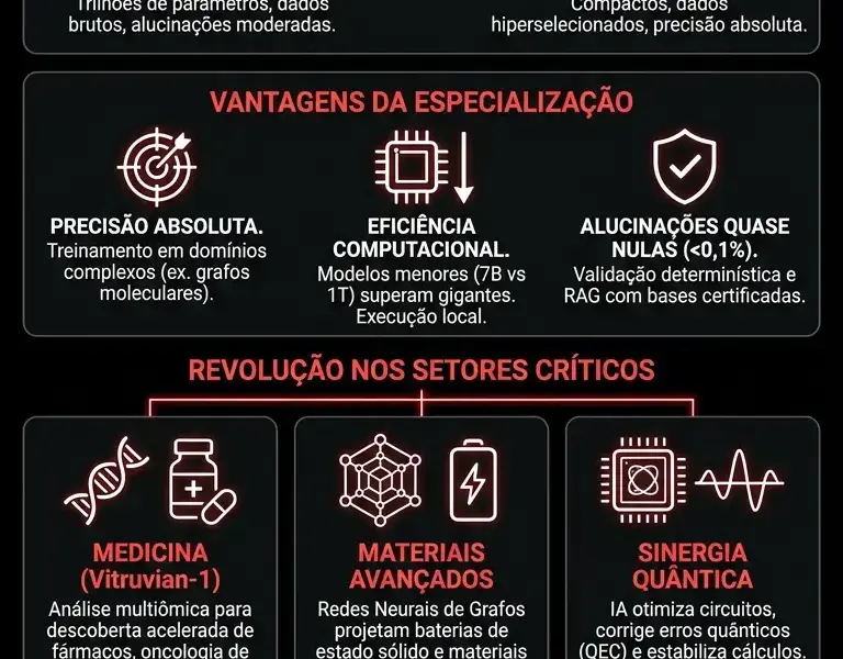 Infografica: Modelos de IA Especializados: Guia para Medicina, Materiais e Qu&acirc;ntica