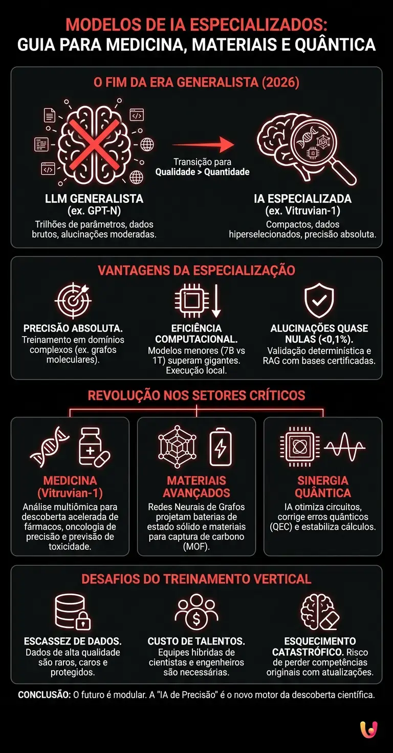 Modelos de IA Especializados: Guia para Medicina, Materiais e Qu&acirc;ntica - Infogr&aacute;fico resumido