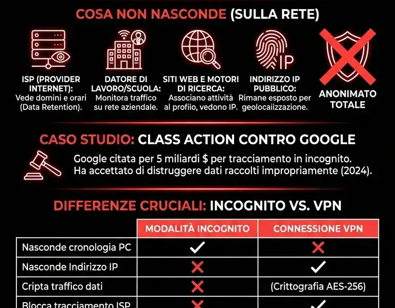 Infografica: Navigazione Privata: Cosa Nasconde Davvero (e Cosa No) la Modalit&agrave; Incognito