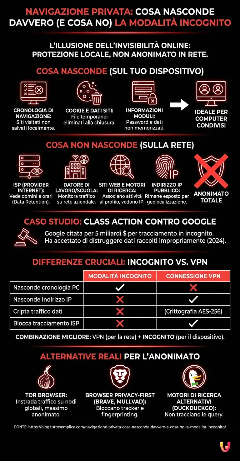 Navigazione Privata: Cosa Nasconde Davvero (e Cosa No) la Modalit&agrave; Incognito - Infografica riassuntiva