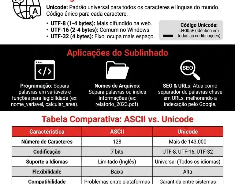 Infografica: O Sublinhado: Compara&ccedil;&atilde;o entre os C&oacute;digos ASCII e Unicode