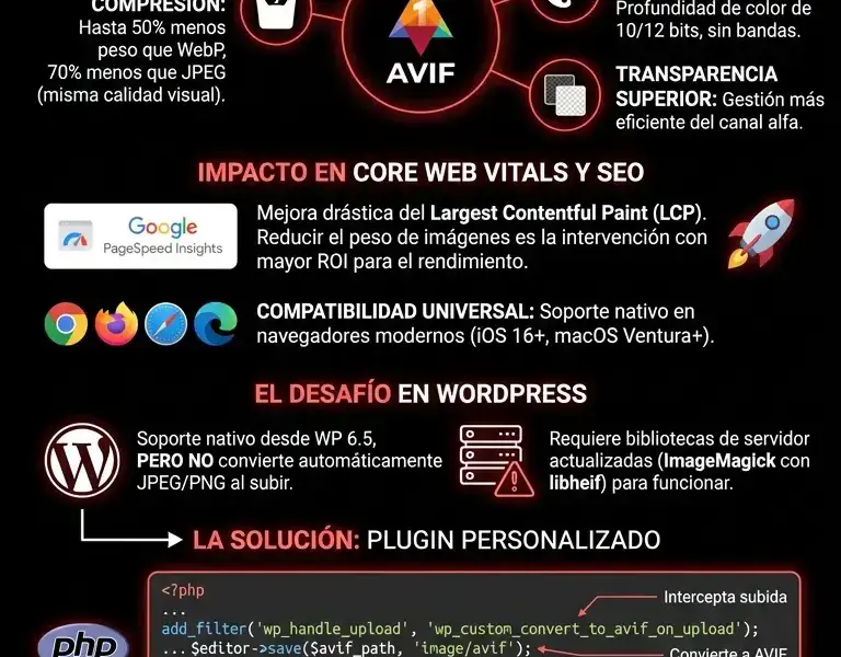 Infografica: Optimizaci&oacute;n AVIF para WordPress: Gu&iacute;a y Plugin Personalizado