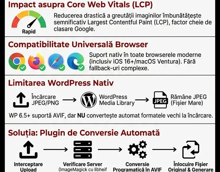 Infografica: Optimizare AVIF WordPress: Ghid și plugin personalizat