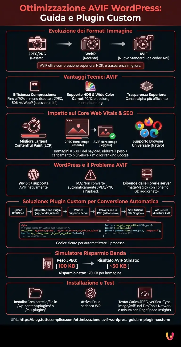 Ottimizzazione AVIF WordPress: Guida e Plugin Custom - Infografica riassuntiva