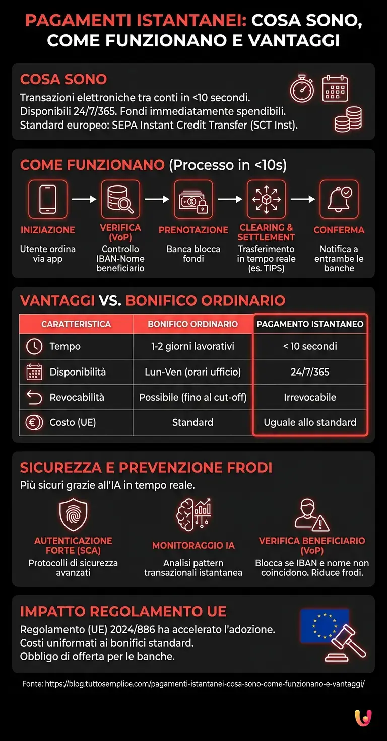 Pagamenti Istantanei: Cosa Sono, Come Funzionano e Vantaggi - Infografica riassuntiva