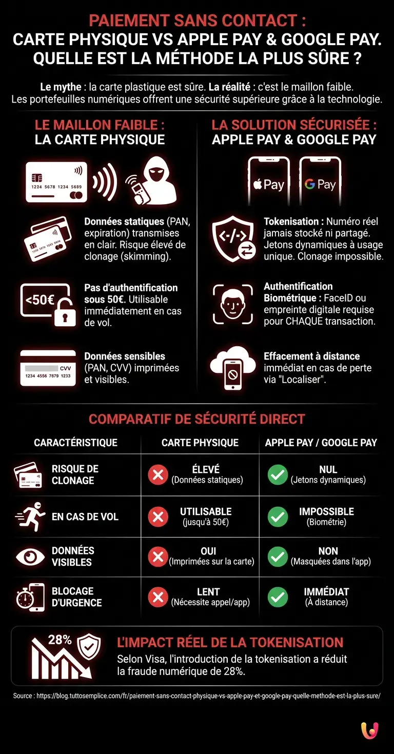 Paiement sans contact physique vs Apple Pay et Google Pay : quelle m&eacute;thode est la plus s&ucirc;re ? - Infographie r&eacute;sumant