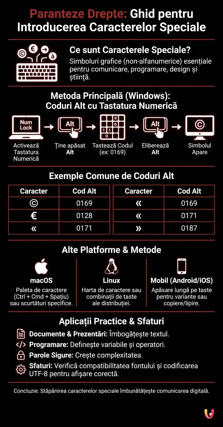Paranteze drepte: ghid pentru introducerea caracterelor speciale - Infografic rezumativ