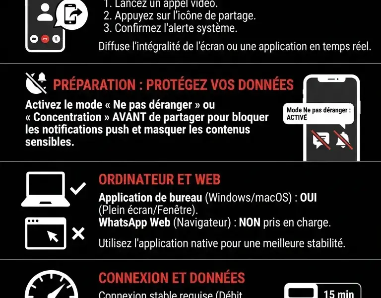 Infografica: Partage d'&eacute;cran lors d'un appel vid&eacute;o : comment faire des pr&eacute;sentations sur WhatsApp