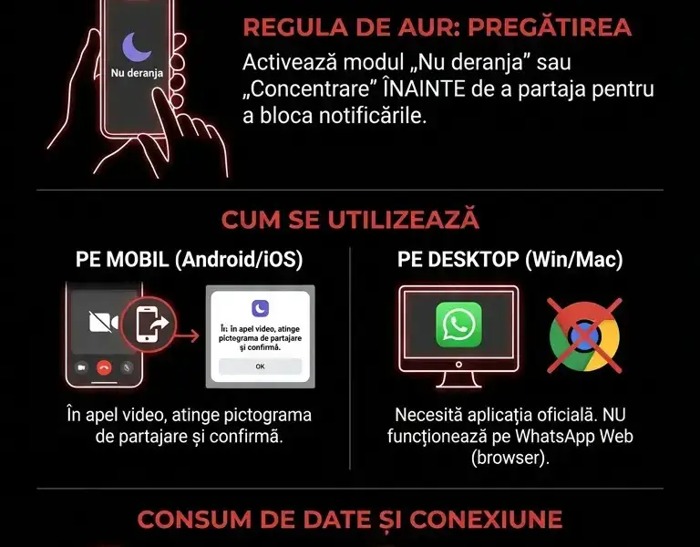 Infografica: Partajarea ecranului &icirc;n apeluri video: Cum să susții prezentări pe WhatsApp