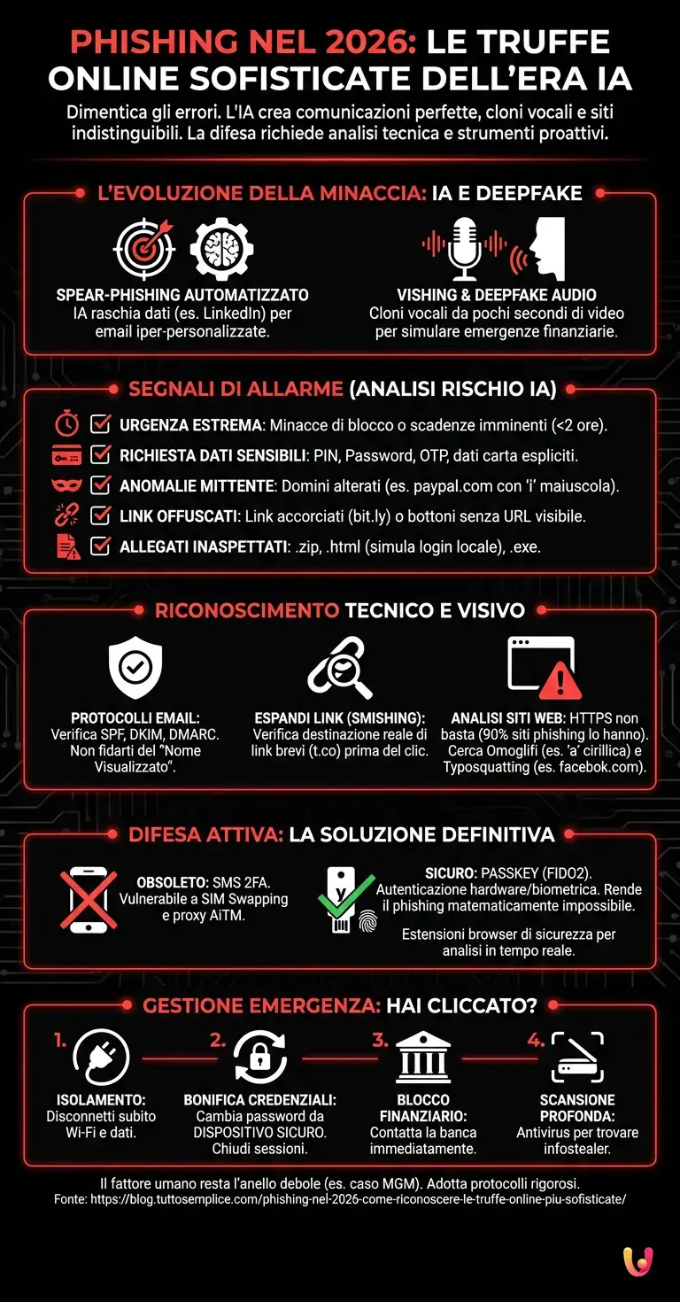 Phishing nel 2026: Come Riconoscere le Truffe Online Pi&ugrave; Sofisticate - Infografica riassuntiva