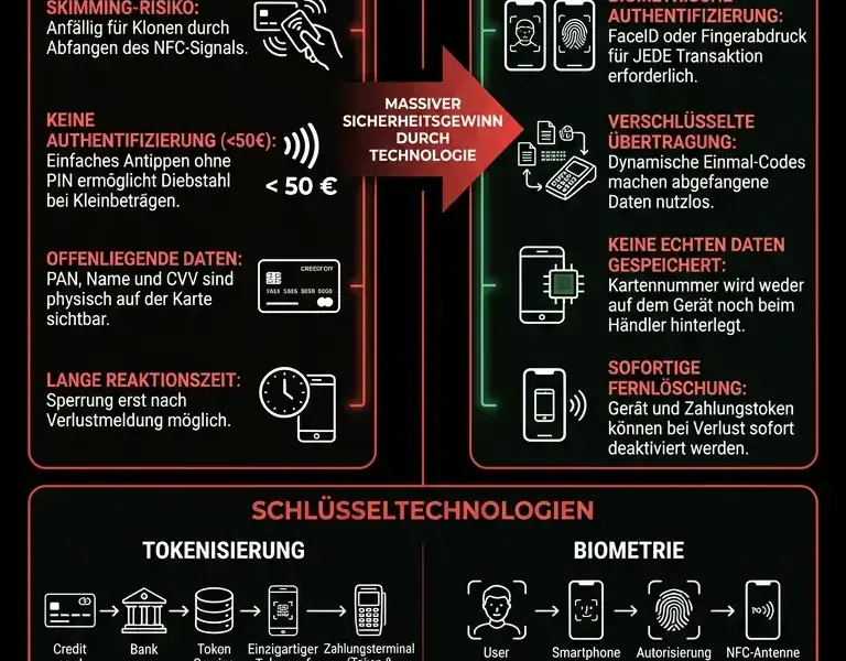 Infografica: Physisches kontaktloses Bezahlen vs. Apple Pay und Google Pay: Welche Methode ist sicherer?