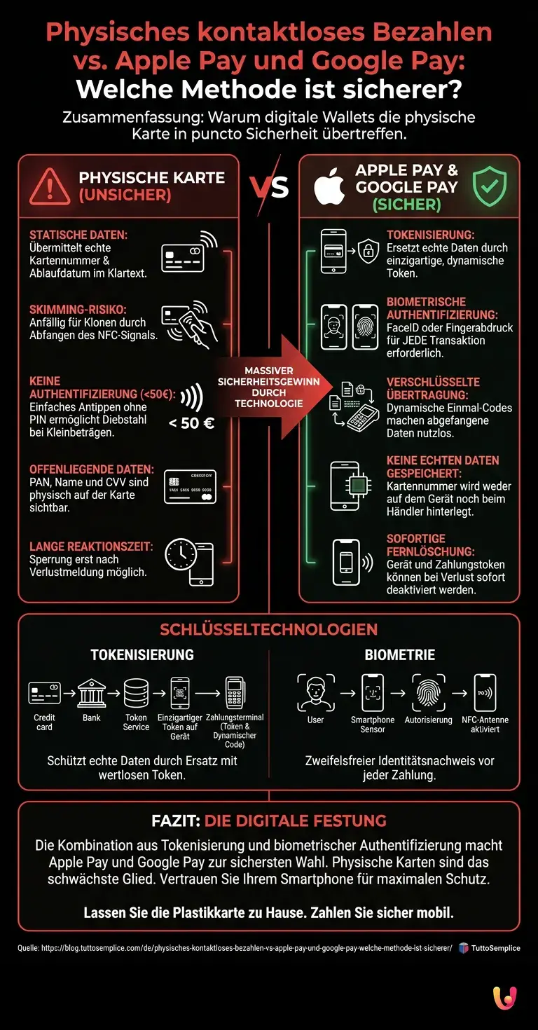 Physisches kontaktloses Bezahlen vs. Apple Pay und Google Pay: Welche Methode ist sicherer? - Zusammenfassende Infografik