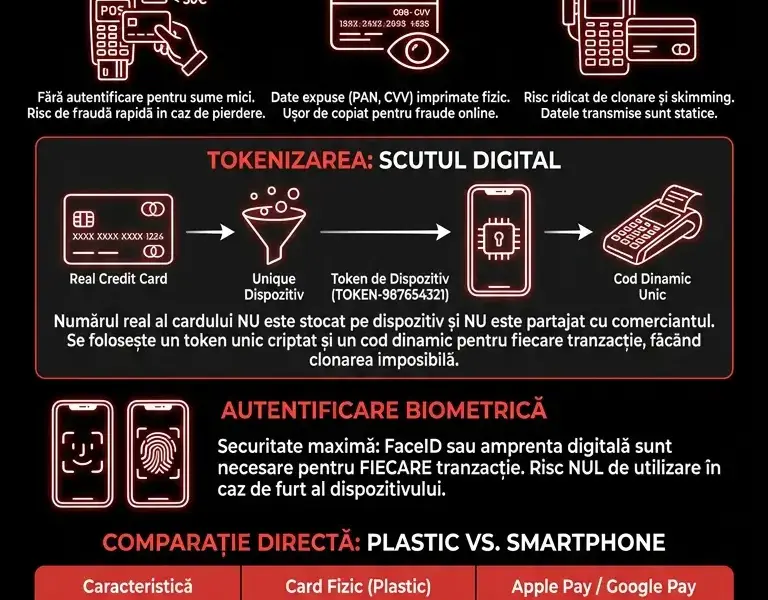 Infografica: Plățile contactless fizice vs. Apple Pay și Google Pay: Care metodă este mai sigură?