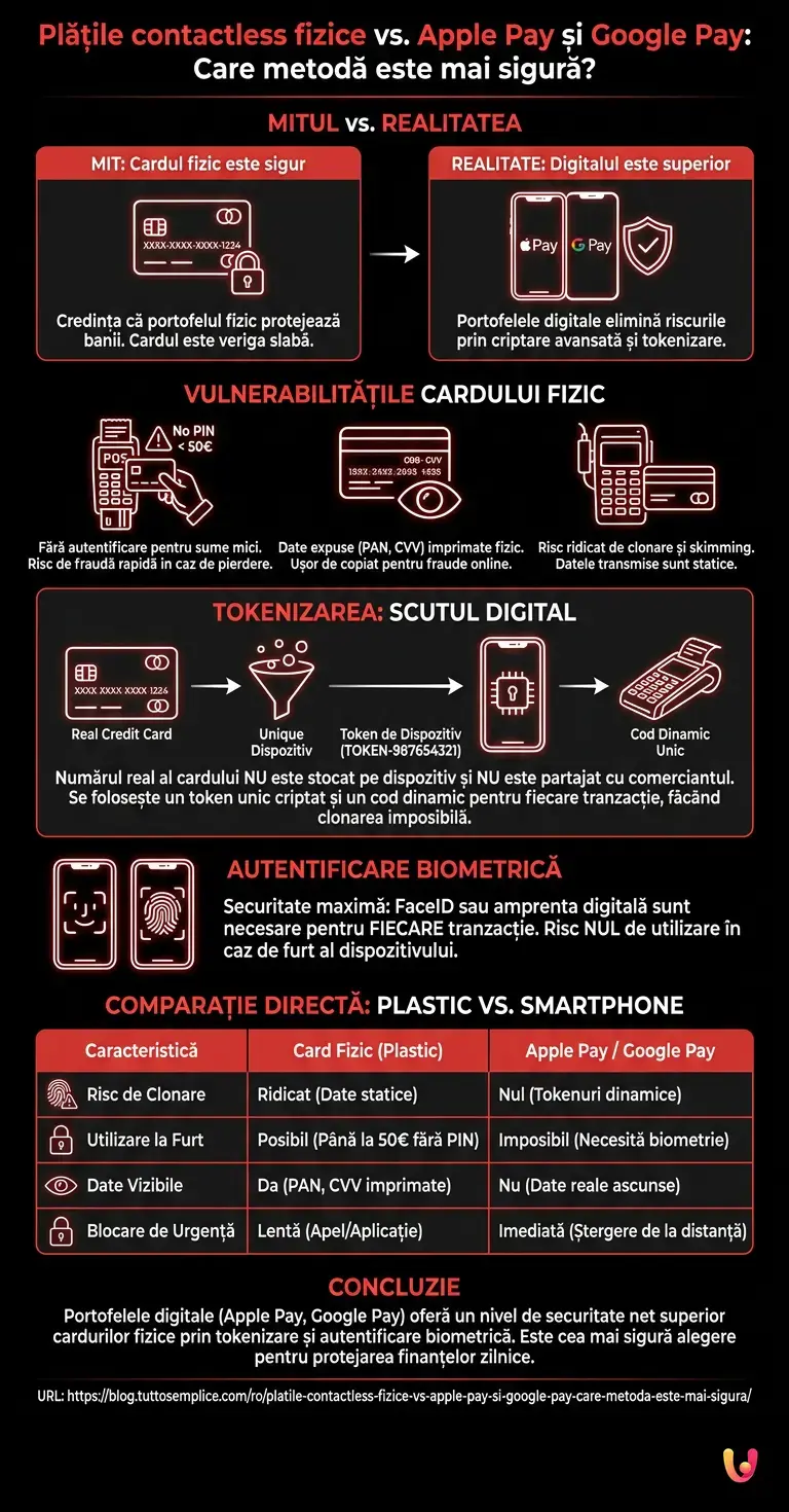 Plățile contactless fizice vs. Apple Pay și Google Pay: Care metodă este mai sigură? - Infografic rezumativ