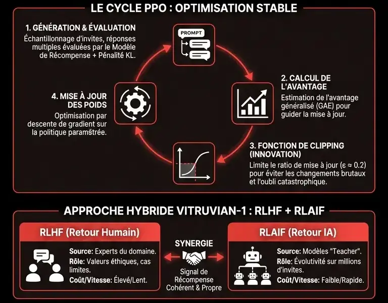 Infografica: PPO et apprentissage par renforcement dans le fine-tuning des LLM&nbsp;: Vitruvian-1