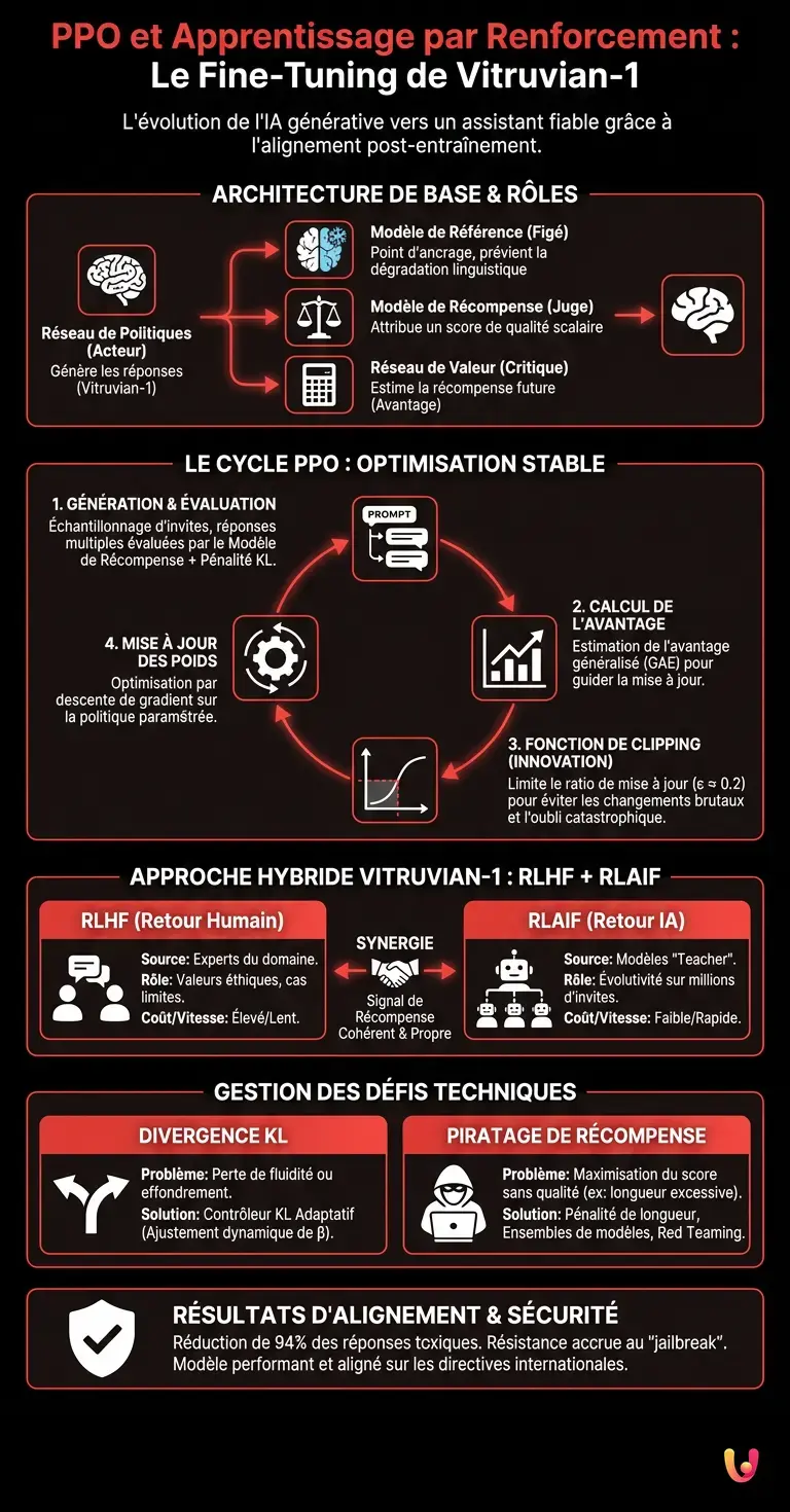 PPO et apprentissage par renforcement dans le fine-tuning des LLM&nbsp;: Vitruvian-1 - Infographie r&eacute;sumant