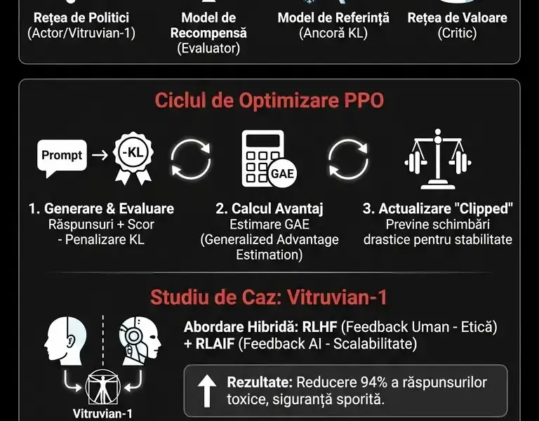 Infografica: PPO și &icirc;nvățarea prin recompensă (Reinforcement Learning) &icirc;n reglarea fină a LLM-urilor: Vitruvian-1
