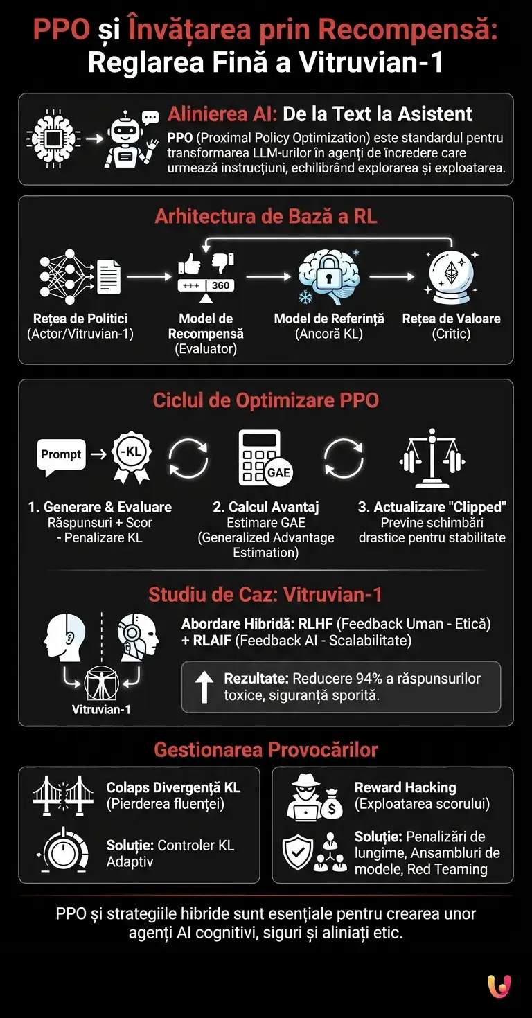 PPO și &icirc;nvățarea prin recompensă (Reinforcement Learning) &icirc;n reglarea fină a LLM-urilor: Vitruvian-1 - Infografic rezumativ