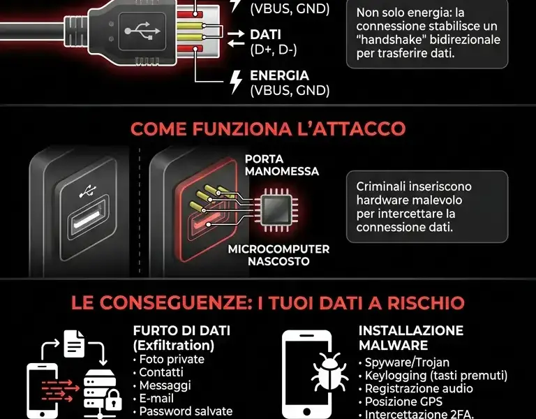 Infografica: Prese USB in aeroporto: la trappola invisibile che ti ruba i dati
