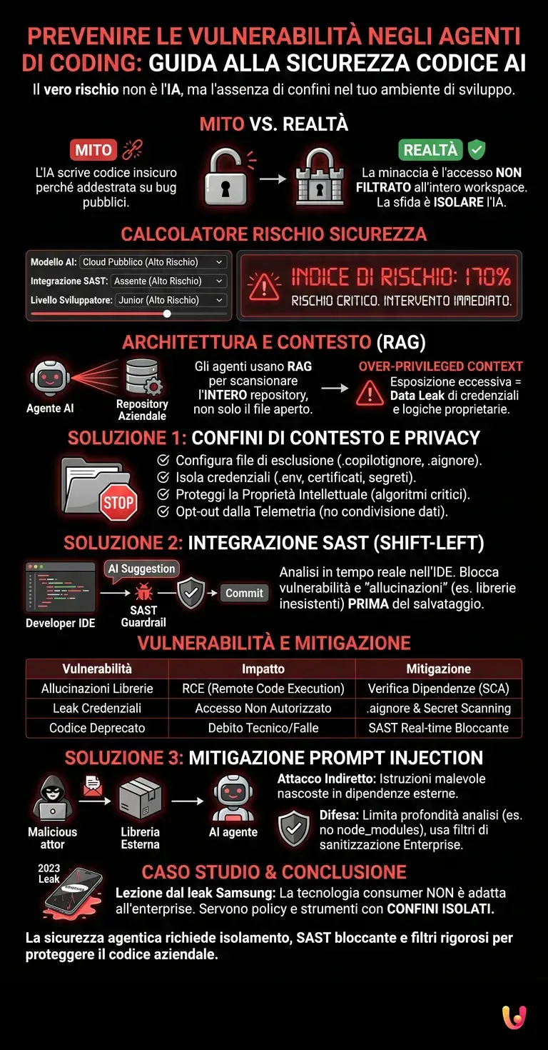 Prevenire le Vulnerabilit&agrave; negli Agenti di Coding: Guida alla Sicurezza Codice AI - Infografica riassuntiva