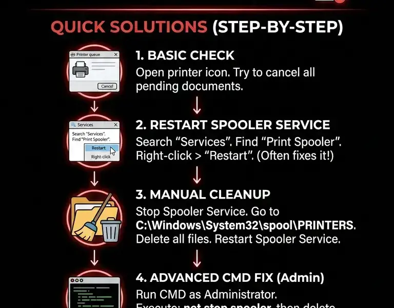 Infografica: Stuck print queue? Quick guide to fixing it on Windows