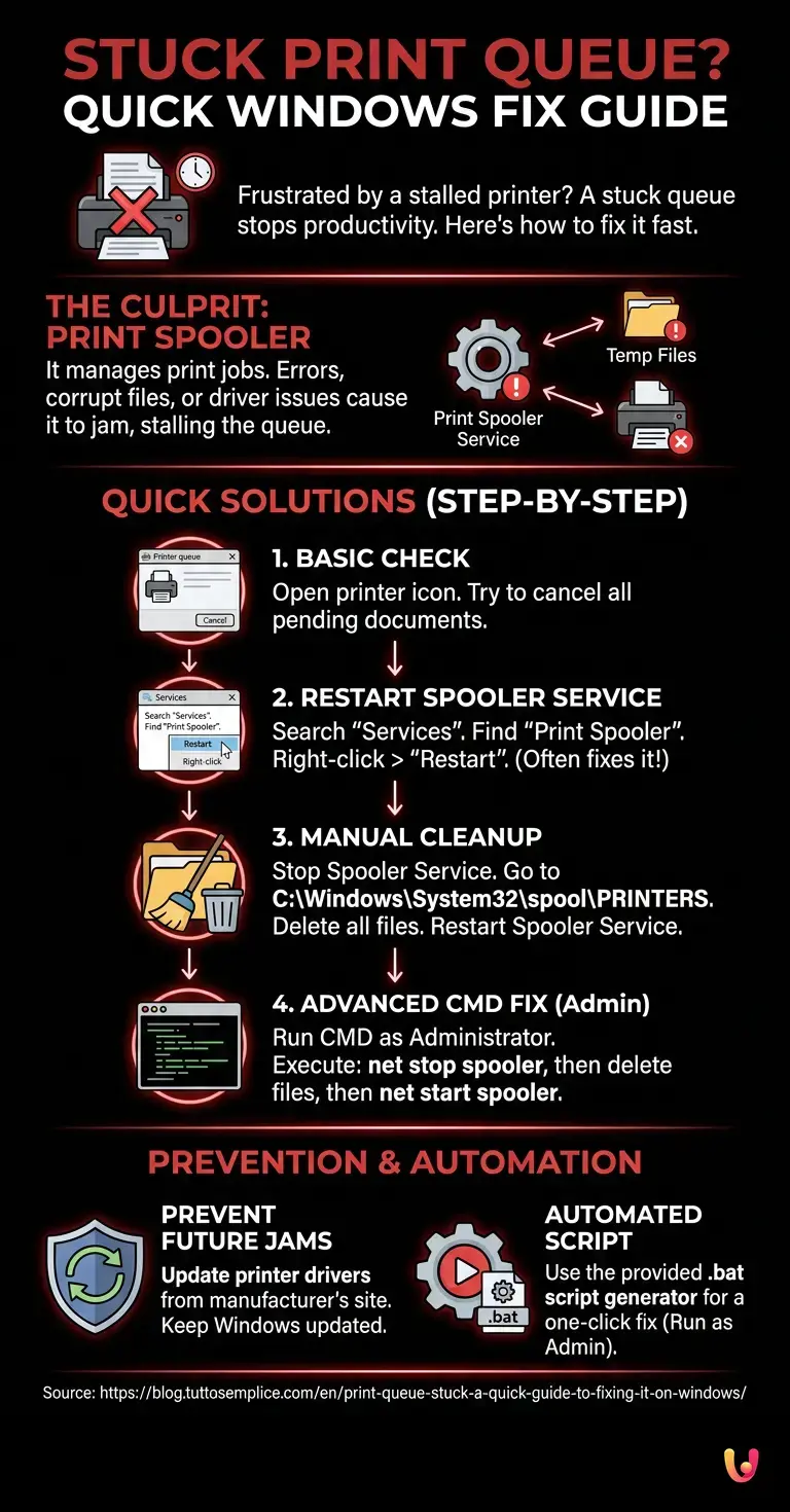 Stuck print queue? Quick guide to fixing it on Windows - Summary Infographic