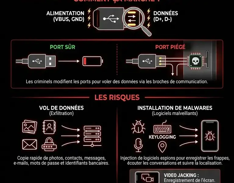 Infografica: Prises USB dans les a&eacute;roports : le pi&egrave;ge invisible qui vole vos donn&eacute;es.