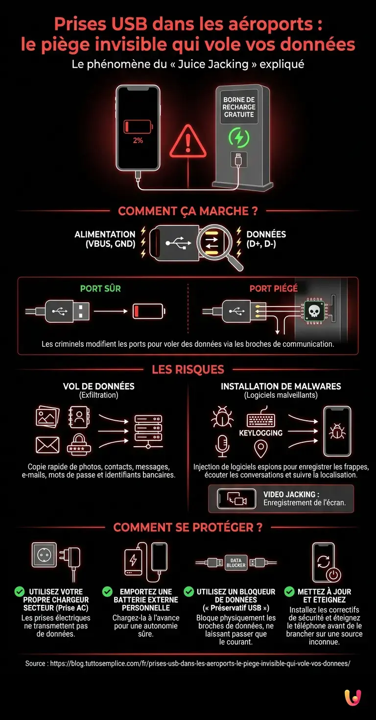 Prises USB dans les a&eacute;roports : le pi&egrave;ge invisible qui vole vos donn&eacute;es. - Infographie r&eacute;sumant